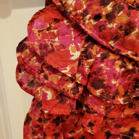 Ann Taylor Sleeveless Blouse with Ruffles, Petite 14P,  Red Orange Abstract - Picture 7 of 8